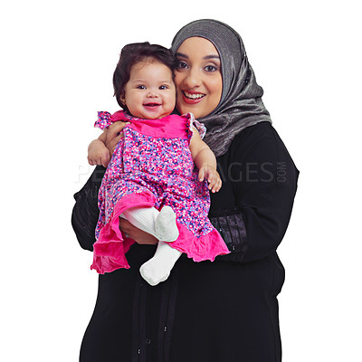 Buy stock photo Islam, portrait of mother and baby girl, proud mama happy in hijab and isolated on white background. Love, family and growth, muslim woman with toddler daughter and Islamic culture in studio in Egypt