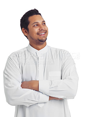 Buy stock photo Muslim man, studio and thinking of islamic culture isolated on white background of holy religion. Happy moslem guy, mockup and daydream of spiritual ideas with smile, ramadan and pray for eid mubarak