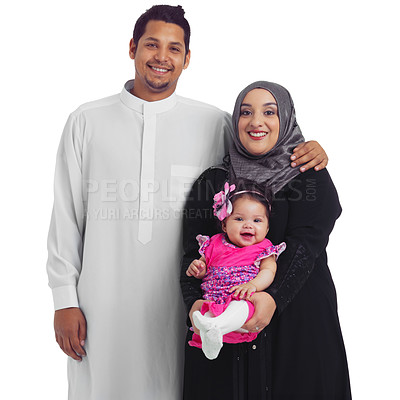 Buy stock photo Muslim family, portrait and parents with a baby in studio for Islam religion, love and peace. Islamic woman, man and child together for eid, ramadan and happiness isolated on a white background