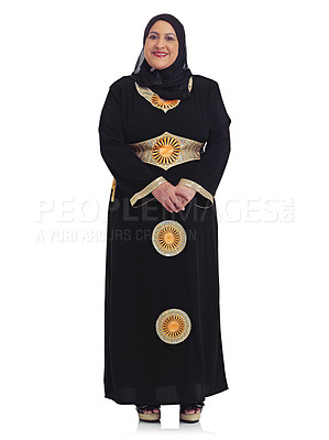 Buy stock photo Fashion, white background and portrait of senior Muslim woman with confidence, elegance and empowerment. Culture, religion and female isolated in studio with Islamic, cultural and Arabian clothes