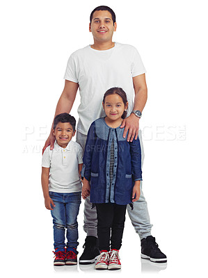 Buy stock photo Family, muslim and father with children portrait happy about eid, love and big family care. White background, isolated and dad with islamic kids together with a parent and happiness together