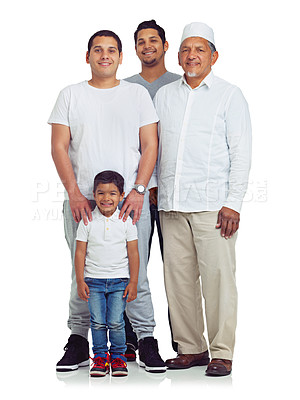 Buy stock photo Men, child and muslim family portrait for Islam religion in studio with love, peace and arab culture. Islamic day, people and kid together for eid, support and trust isolated on a white background