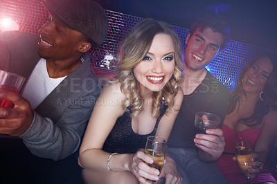 Buy stock photo Party, happy hour and woman portrait for new year and social event at a disco nightclub. Champagne, dj set and alcohol drink of friends smile ready to celebrate the night with dance and happiness