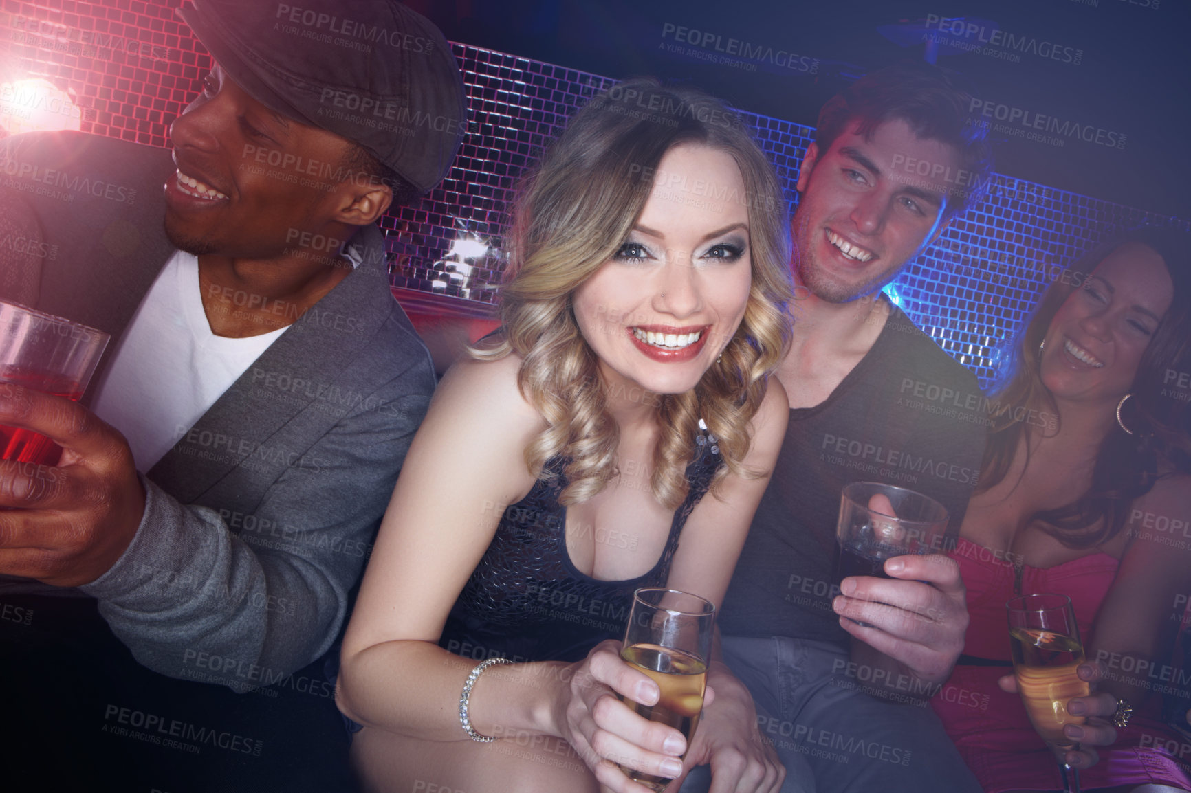 Buy stock photo Party, happy hour and woman portrait for new year and social event at a disco nightclub. Champagne, dj set and alcohol drink of friends smile ready to celebrate the night with dance and happiness