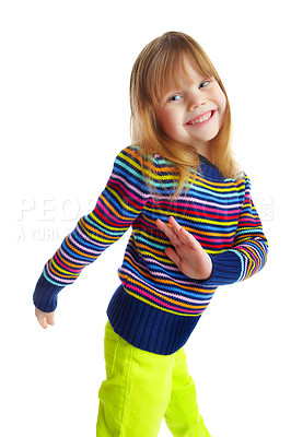 Buy stock photo Portrait, smile and dance with girl in studio for child development, youth and energy. Happiness, kindergarten and preschool with young kid on white background for cute, playful and creative