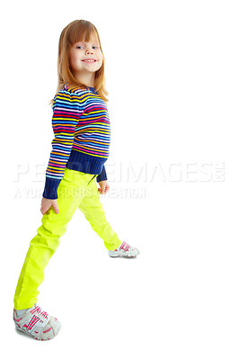 Buy stock photo Full length portrait of a playful little girl smiling while isolated against a white background