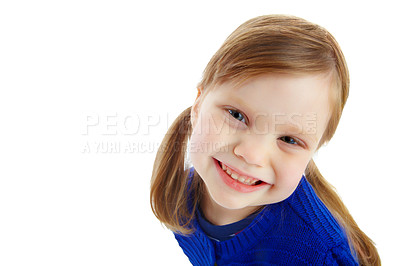 Buy stock photo Portrait of a little girl with pigtails smiling while isolated against a white background