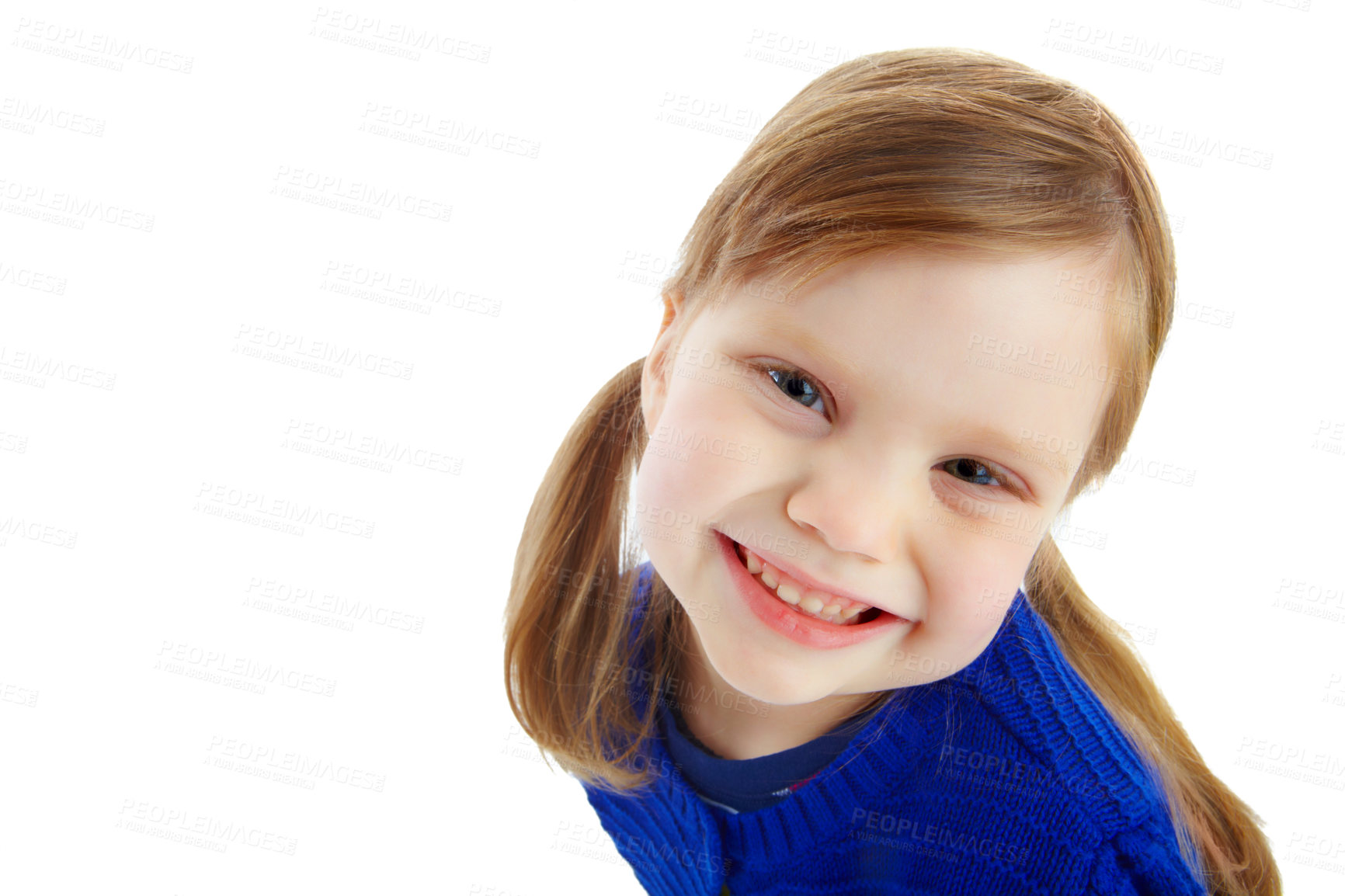 Buy stock photo Portrait of a little girl with pigtails smiling while isolated against a white background