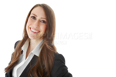 Buy stock photo Studio, businesswoman and attorney in portrait for corporate, court case and confidence for law firm. Mockup space, female person and lawyer with happiness for justice, legal aid and white background