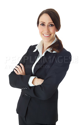 Buy stock photo Portrait, businesswoman and lawyer with pride in studio, court case and confidence for law firm. Career, female person and happy attorney with arms crossed for justice, legal aid and white background