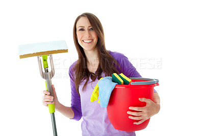 Buy stock photo Woman, cleaner and mop in studio portrait with bucket for hygiene, cloth and dirt by white background. Person, entrepreneur and business owner with plastic container for gloves, smile and services