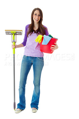 Buy stock photo Woman, hygiene and mop in studio portrait with bucket for smile, cloth and dirt by white background. Cleaner, entrepreneur and business owner with plastic container for gloves, happy and services