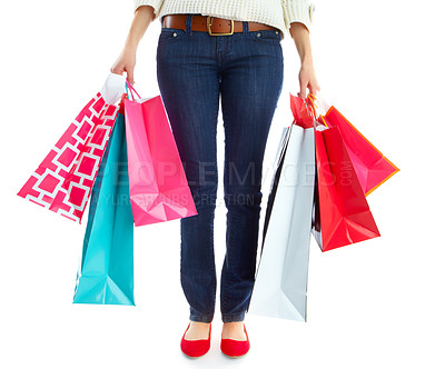 Buy stock photo Shopping, legs and customer with bags, deals and purchase with discount in mockup, studio and feet. White background, space and shopper of fashion in retail, person and luxury with sale and hands