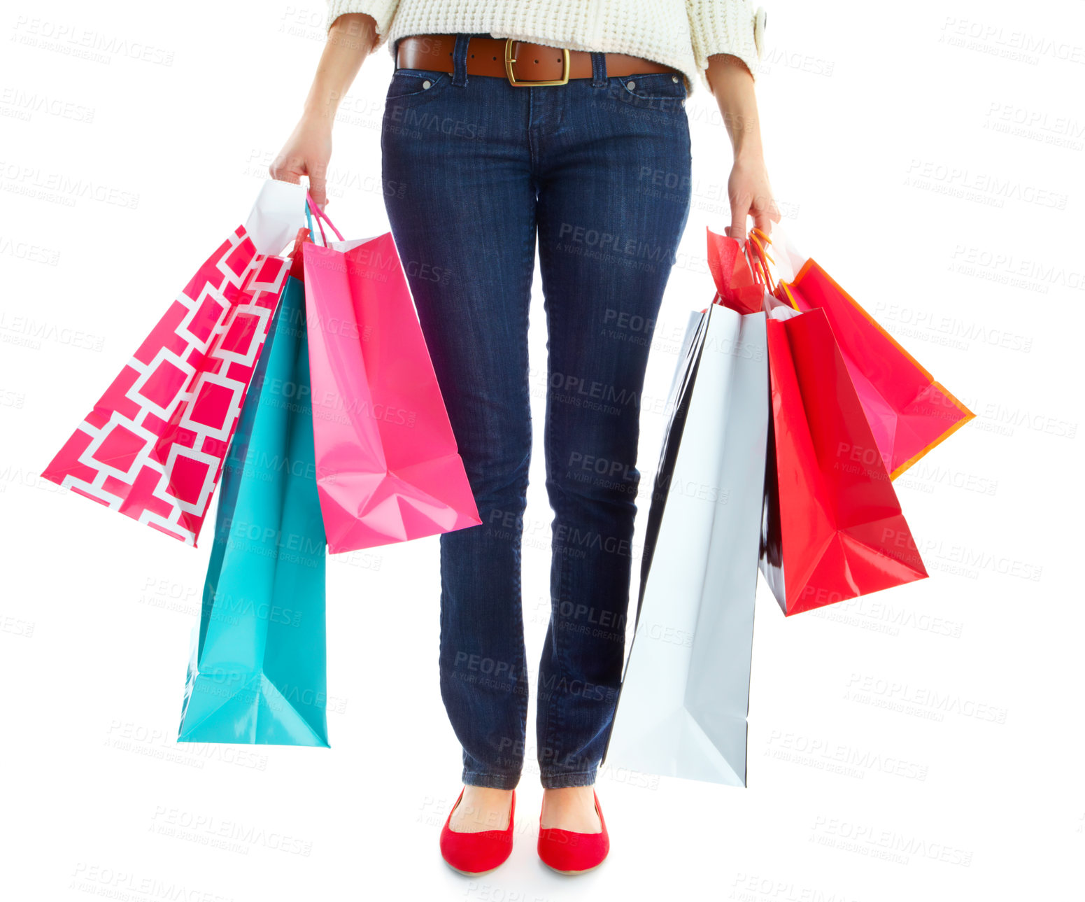 Buy stock photo Shopping, legs and customer with bags, deals and purchase with discount in mockup, studio and feet. White background, space and shopper of fashion in retail, person and luxury with sale and hands