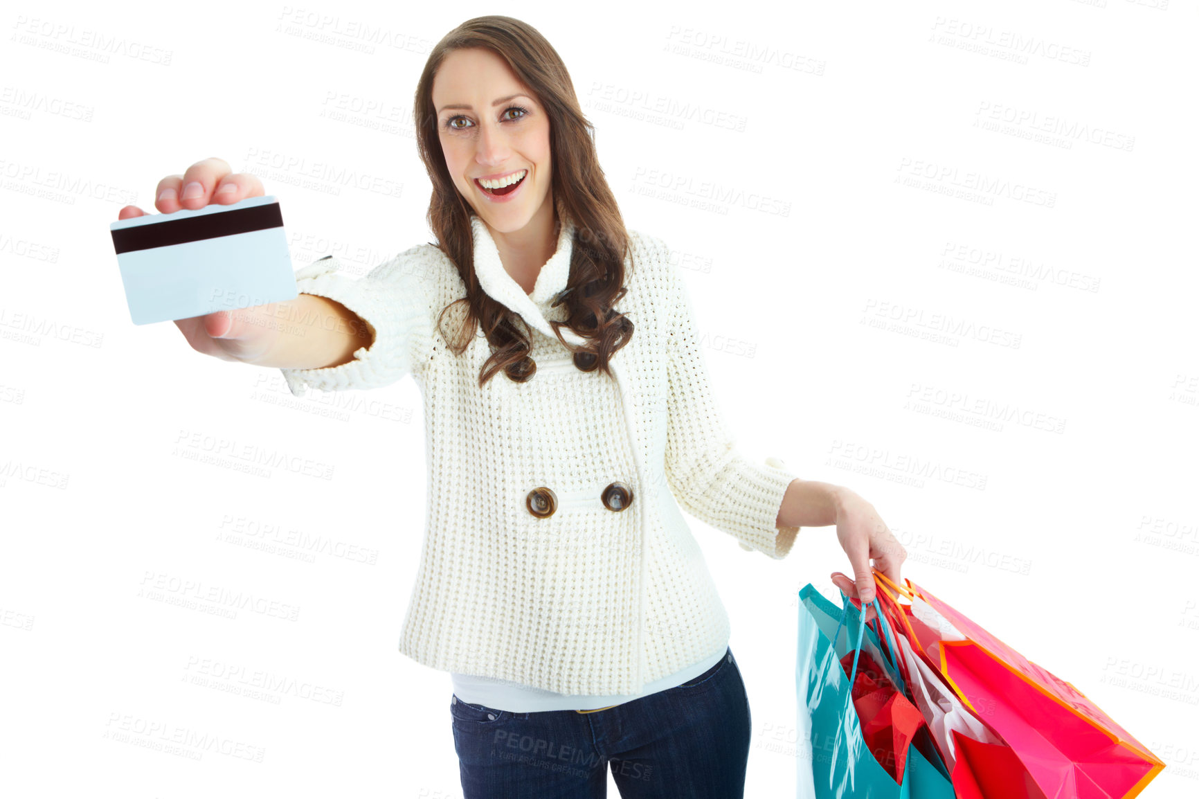 Buy stock photo Shopping, card and woman with bags, excited and credit for purchase in mockup, shopper and discount. White background, space and customer of fashion in studio, person and happy with sale and portrait