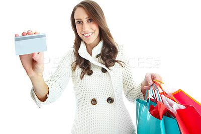 Buy stock photo Shopping, card and woman with bags, portrait and credit for purchase in mockup, shopper and discount. White background, space and customer of fashion in studio, person and happy with sale and excited