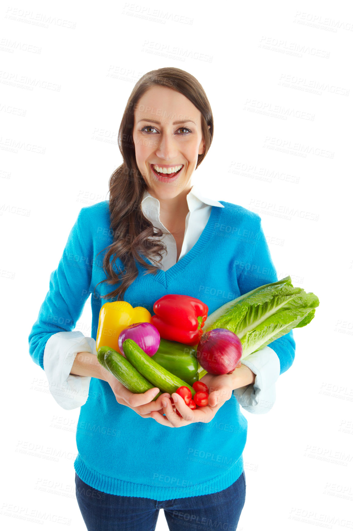 Buy stock photo Woman, vegetables and happy in studio portrait for health, diet and nutrition by white background. Person, smile and organic produce for benefits, groceries and variety with choice for detox in Italy