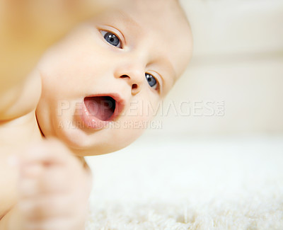 Buy stock photo Cute little baby boy looking around with wonder