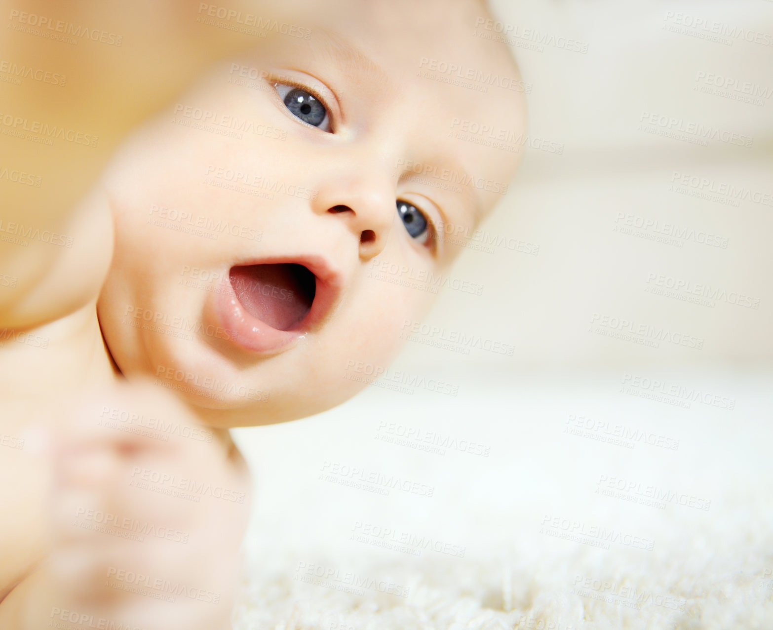 Buy stock photo Cute little baby boy looking around with wonder