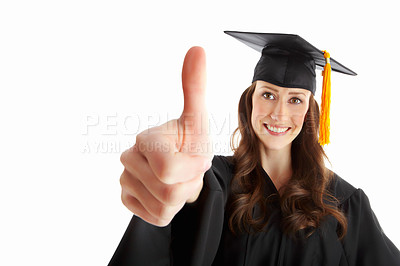 Buy stock photo Woman, graduation and thumbs up sign for studio, portrait or college scholarship by white background. Person, university student and like emoji for learning, education or mockup space for achievement