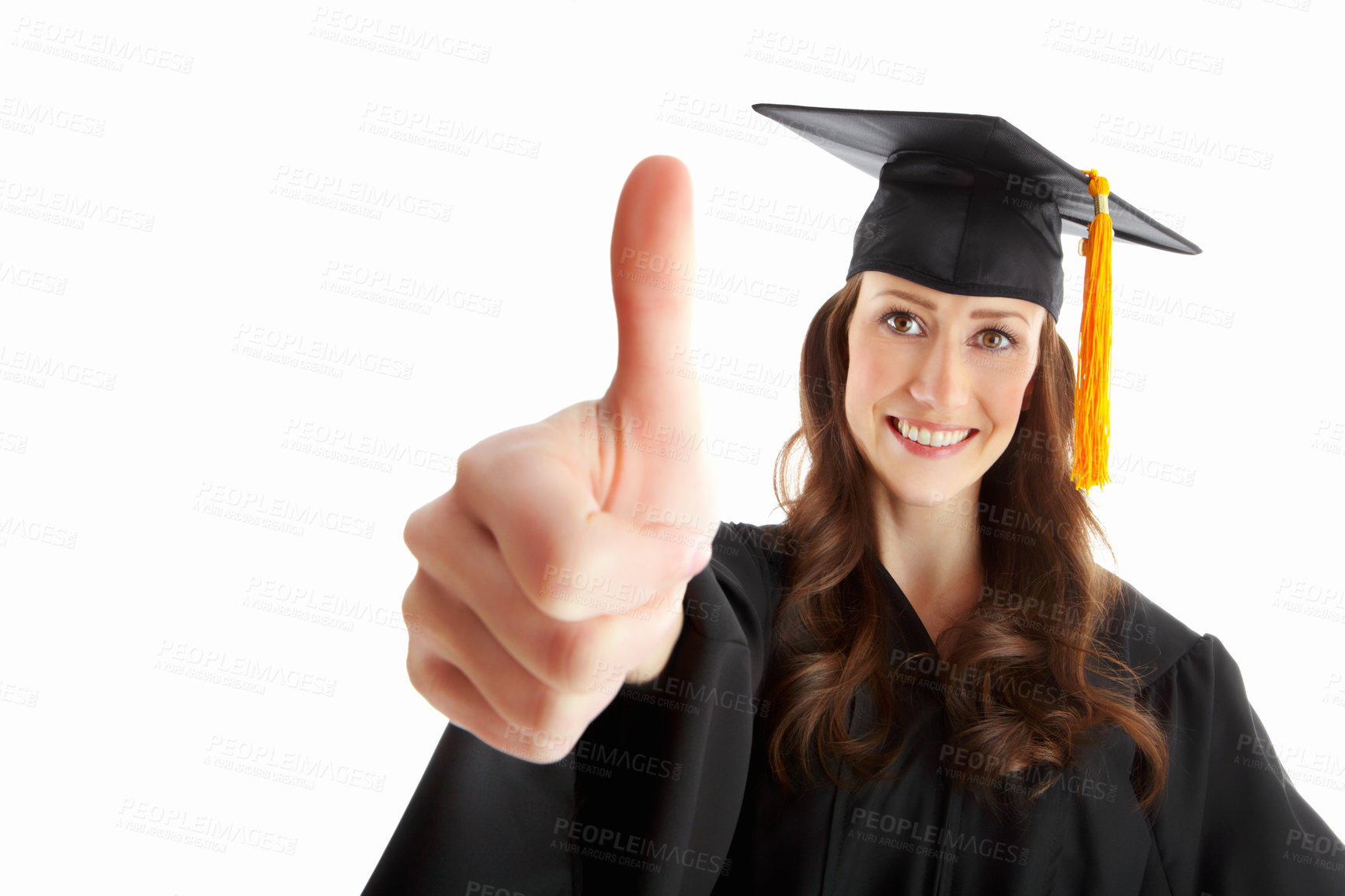 Buy stock photo Woman, graduation and thumbs up sign for studio, portrait or college scholarship by white background. Person, university student and like emoji for learning, education or mockup space for achievement