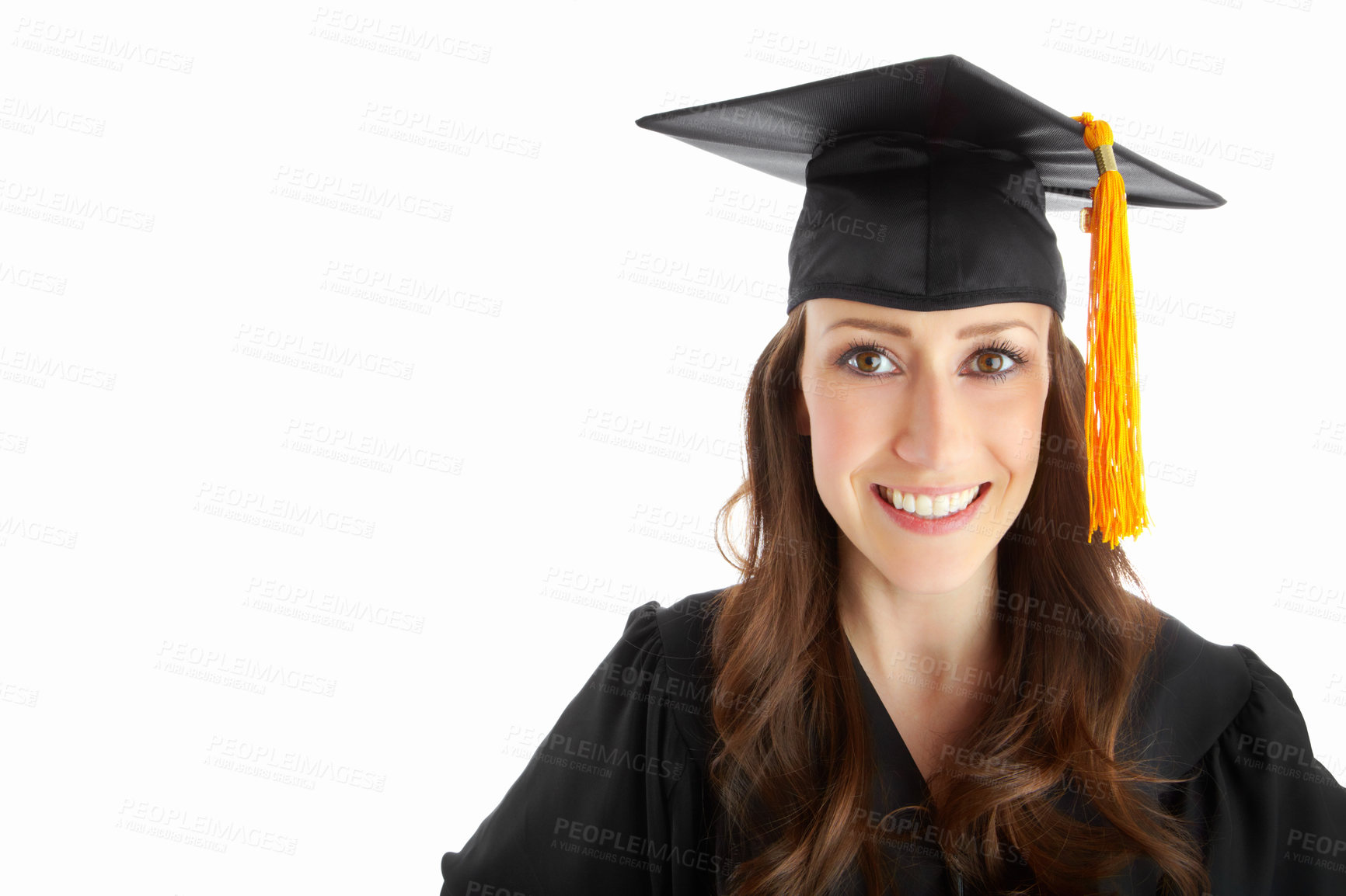 Buy stock photo Woman, graduation and achievement in studio portrait for smile, scholarship or mockup space by white background. Person, college student and happy for learning, education or celebration for success