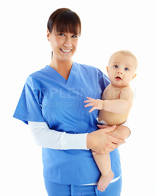 Buy stock photo Portrait, nurse and woman with baby in studio isolated on a white background. Face, healthcare and happy medical worker, physician and female pediatrician holding child, kid or toddler at hospital.