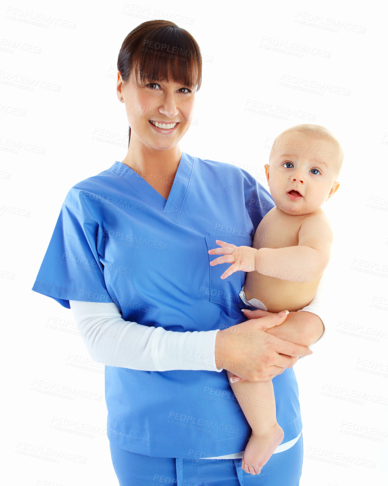 Buy stock photo Portrait, nurse and woman with baby in studio isolated on a white background. Face, healthcare and happy medical worker, physician and female pediatrician holding child, kid or toddler at hospital.