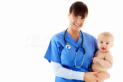 Buy stock photo Woman, portrait and nurse with baby in studio isolated on white background mockup. Face, healthcare or happy medical worker, physician or female pediatrician holding child, kid or toddler at hospital