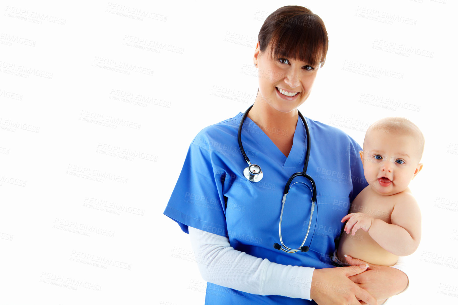 Buy stock photo Woman, portrait and nurse with baby in studio isolated on white background mockup. Face, healthcare or happy medical worker, physician or female pediatrician holding child, kid or toddler at hospital