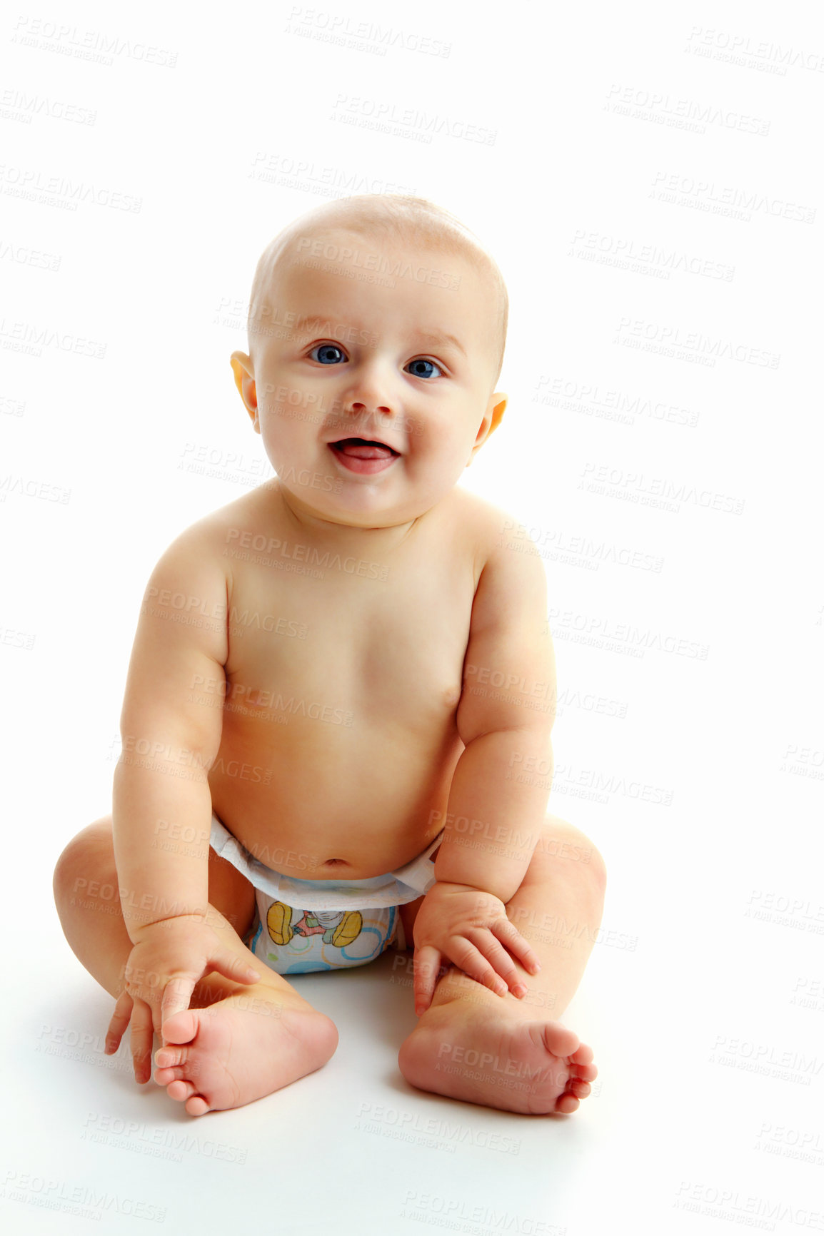 Buy stock photo Happy, baby and studio portrait with relax, healthy and newborn for eco friendly and kid safe diaper range. Curious, wellness and youth with white background and sustainable and disposable underwear