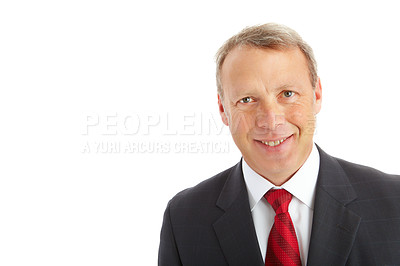 Buy stock photo Face, portrait and business man in studio isolated on a white background mockup. Boss, ceo and smile of mature, happy and proud male entrepreneur from Canada with vision, mission and success mindset.