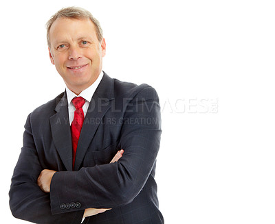 Buy stock photo Portrait, arms crossed and business man in studio isolated on a white background mockup. Face, ceo and mature, proud and happy male entrepreneur from Canada with vision, mission and success mindset.