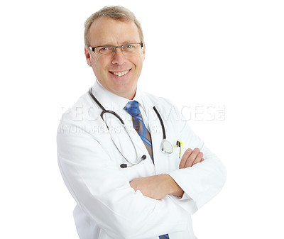 Buy stock photo Portrait, doctor and man with arms crossed in studio isolated on a white background. Face, healthcare wellness and smile of happy, confident and mature male medical worker or physician from Canada.
