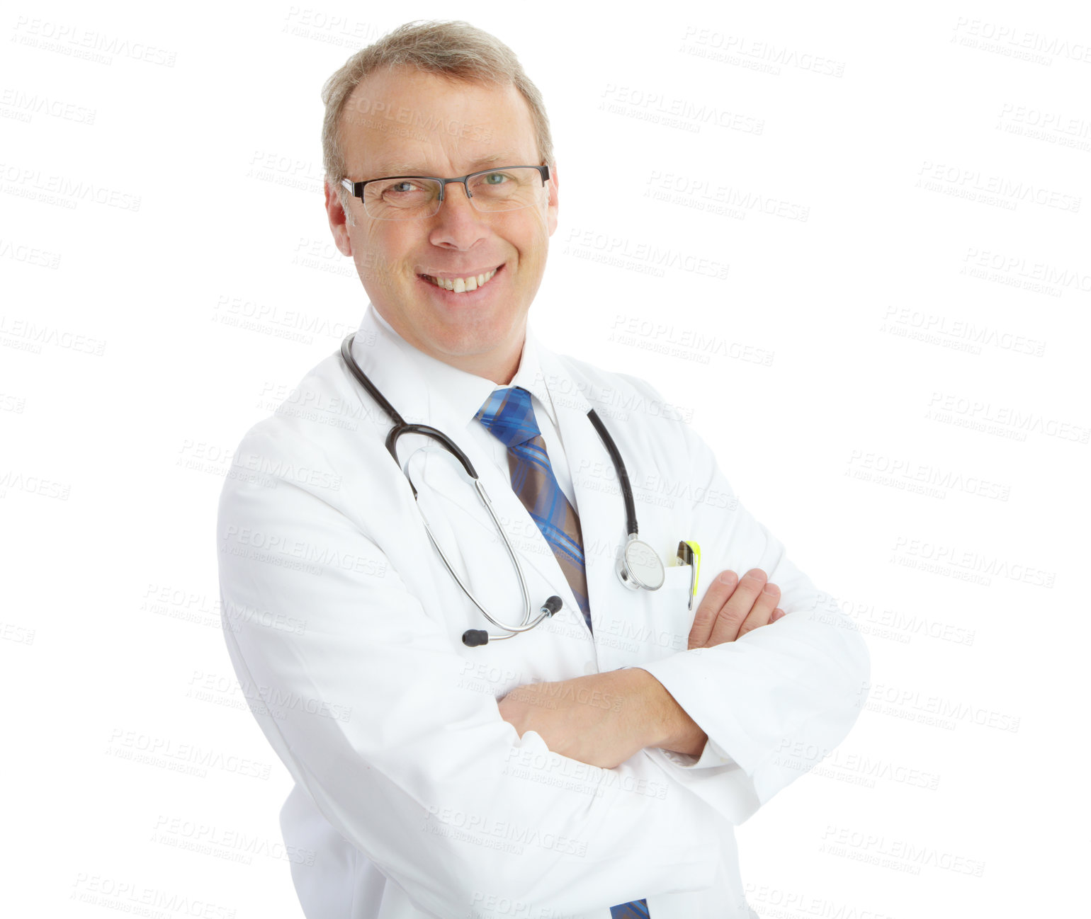 Buy stock photo Portrait, doctor and man with arms crossed in studio isolated on a white background. Face, healthcare wellness and smile of happy, confident and mature male medical worker or physician from Canada.