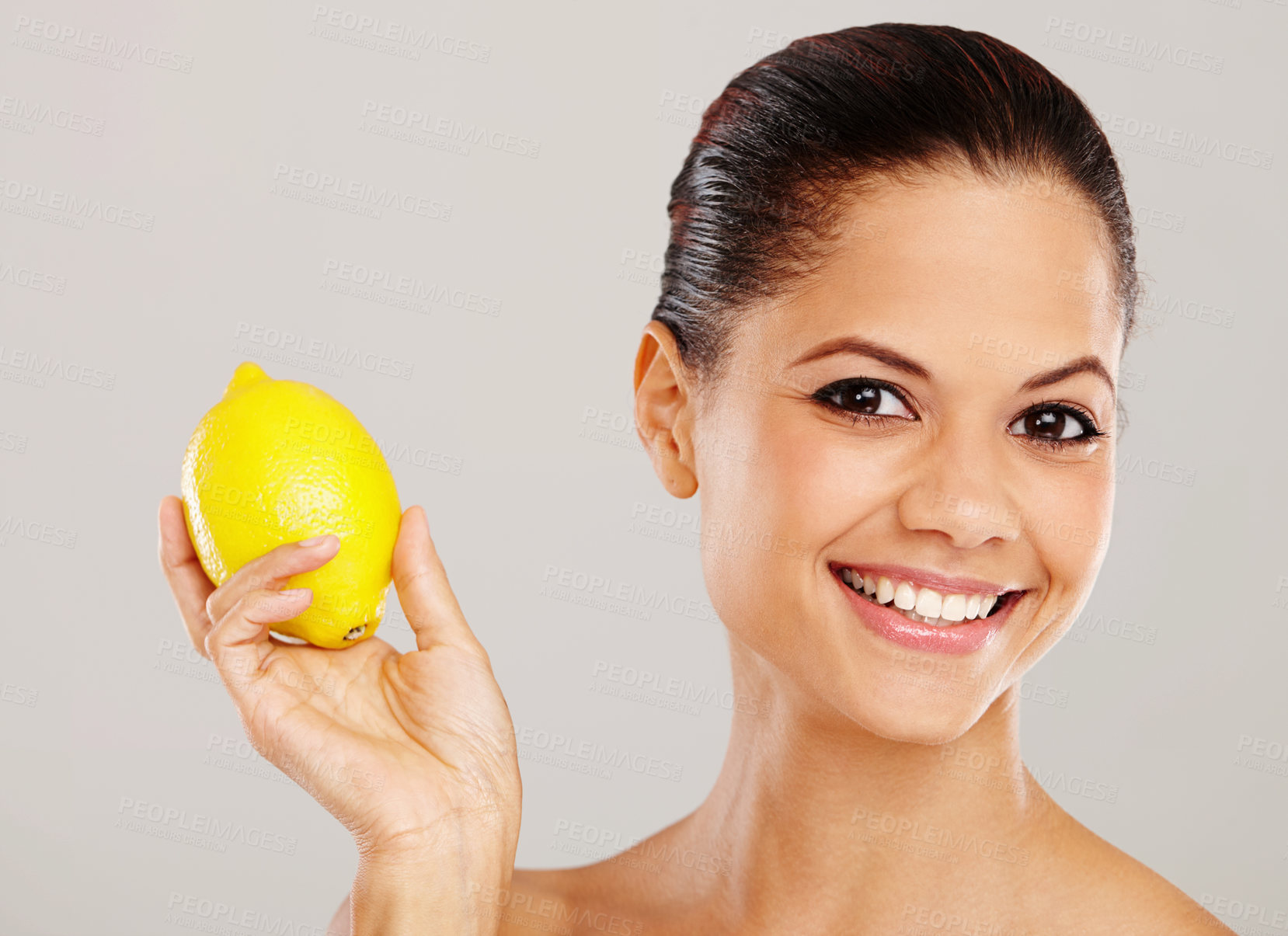 Buy stock photo Woman, portrait and studio for lemon skincare, natural beauty and citrus product on white background. Female person, sustainable makeup and vitamin c treatment for cosmetics, glow and hydration