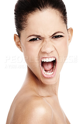 Buy stock photo Woman, portrait and shout in studio with anger, frustrated and rage. Female person, screaming and bad news on white background for expression, mental health and cathartic exercise for psychology