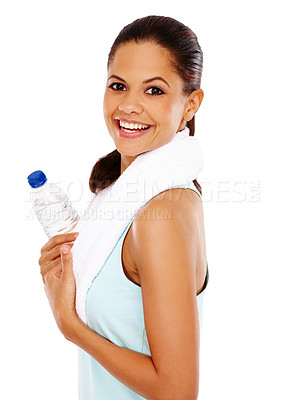 Buy stock photo A happy young woman smiling at you after an invigorating workout