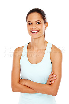 Buy stock photo A confident young woman crossing her arms and smiling at you while isolated on white