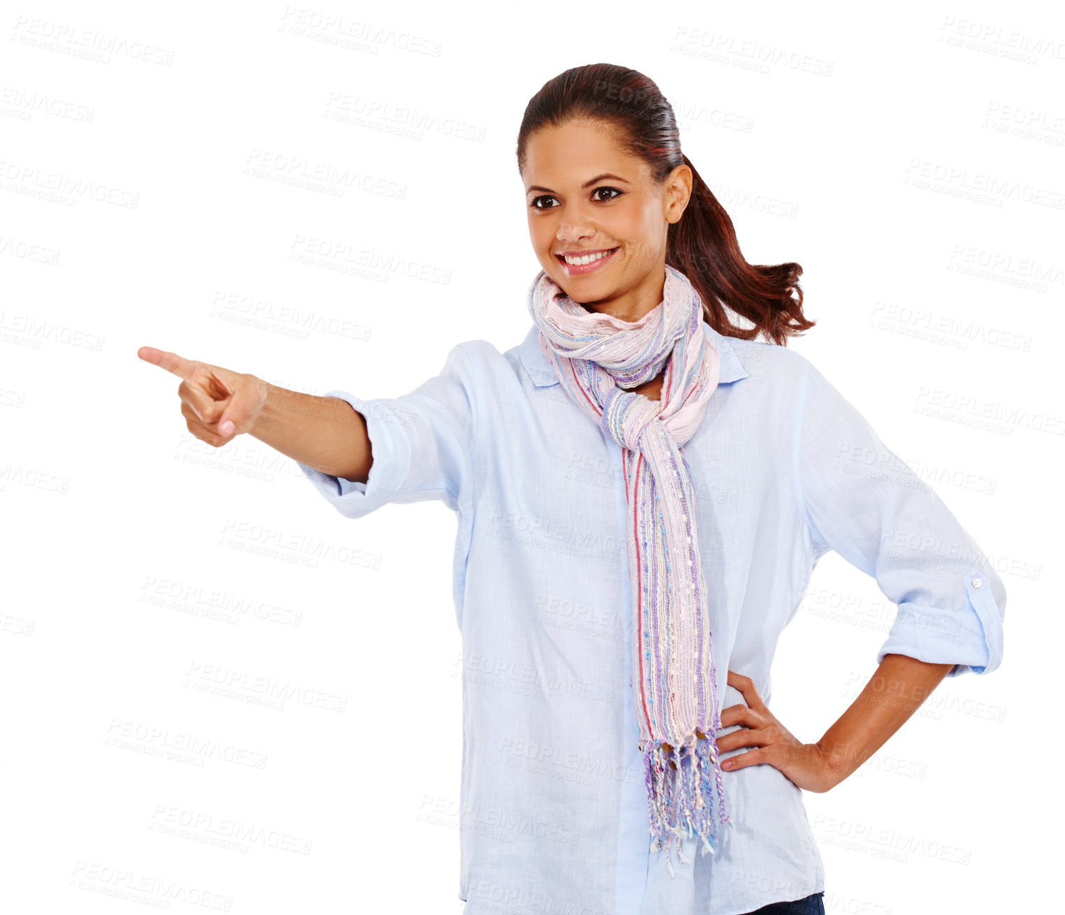 Buy stock photo Woman, hands or pointing on isolated white background at promotion mockup, marketing space or advertising mock up. Smile, happy or fashion model and showing hand gesture at shop sales or retail deal