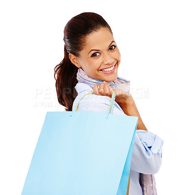 Buy stock photo Woman, shopping and studio portrait with gift bag, isolated white background and sales. Happy customer, model and retail shopper of commerce market, discount product promotion and luxury brand offer