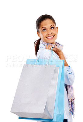 Buy stock photo Woman, shopping bags and smile for fashion sale, discount or deal against white studio background. Happy isolated female shopper smiling holding gift bag for retail shopping spree on white background