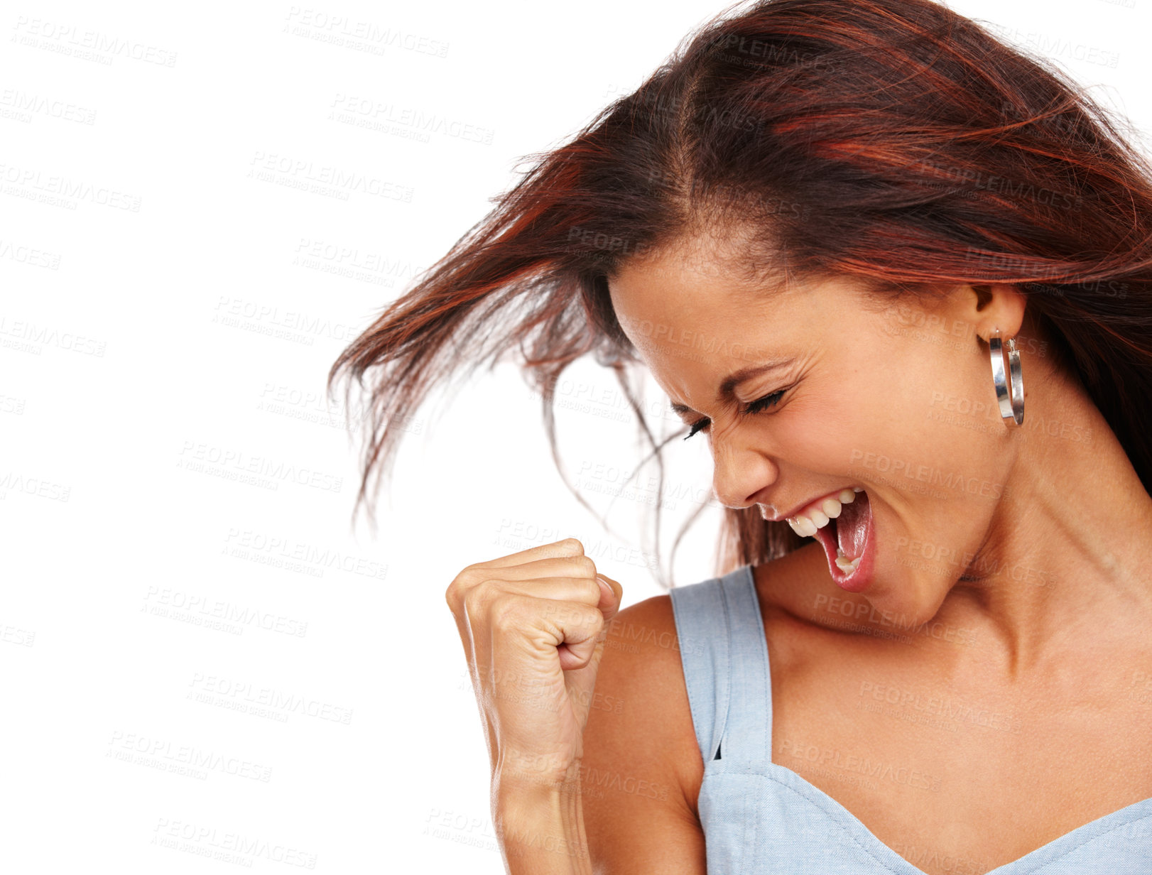 Buy stock photo Woman, shout and celebration in studio with eyes closed, energy and fist for achievement on white background. Female person, screaming and loud for winning, excited and success with emotion and voice