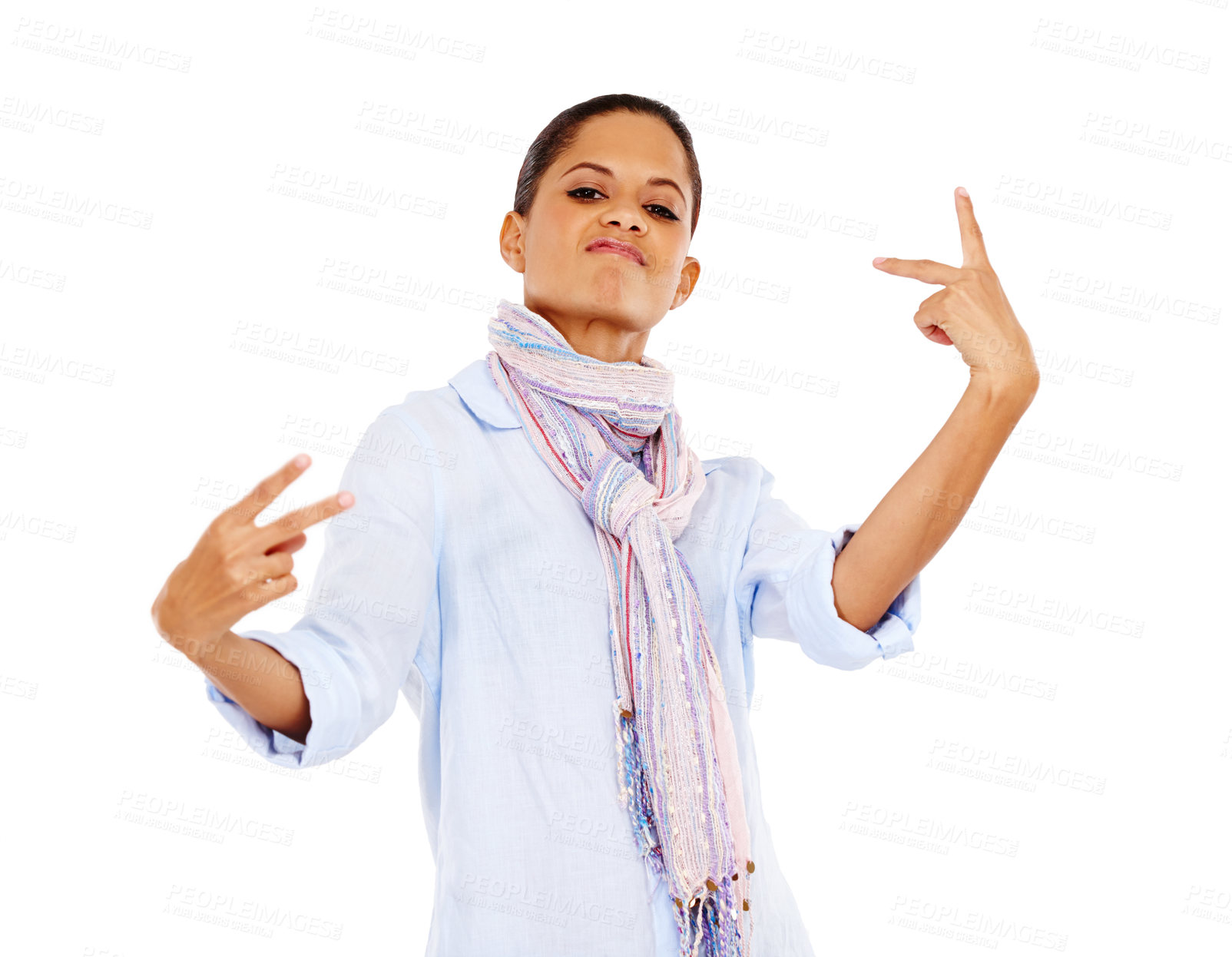 Buy stock photo Portrait, attitude and woman with peace sign in studio isolated on a white background. Face, expression and hand gesture, or emoji of female model from India in stylish, designer and cool scarf.
