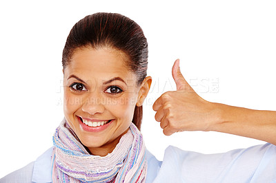 Buy stock photo Face, thumbs up and portrait of business woman in studio isolated on white background. Ok hand gesture, like emoji and female with thumbsup for motivation, support or approval, thank you or agreement