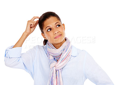 Buy stock photo Puzzled, thinking and model in a studio with a question, idea or mindful thought. Confused, wondering and thoughtful young woman from Mexico scratching her head while isolated by a white background.