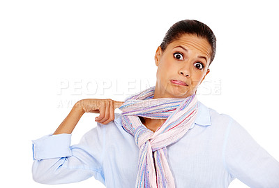 Buy stock photo Portrait, hot and mockup with a black woman in studio isolated on a white background pulling her scarf. Face, mistake and oops with a female posing on blank product placement space for marketing