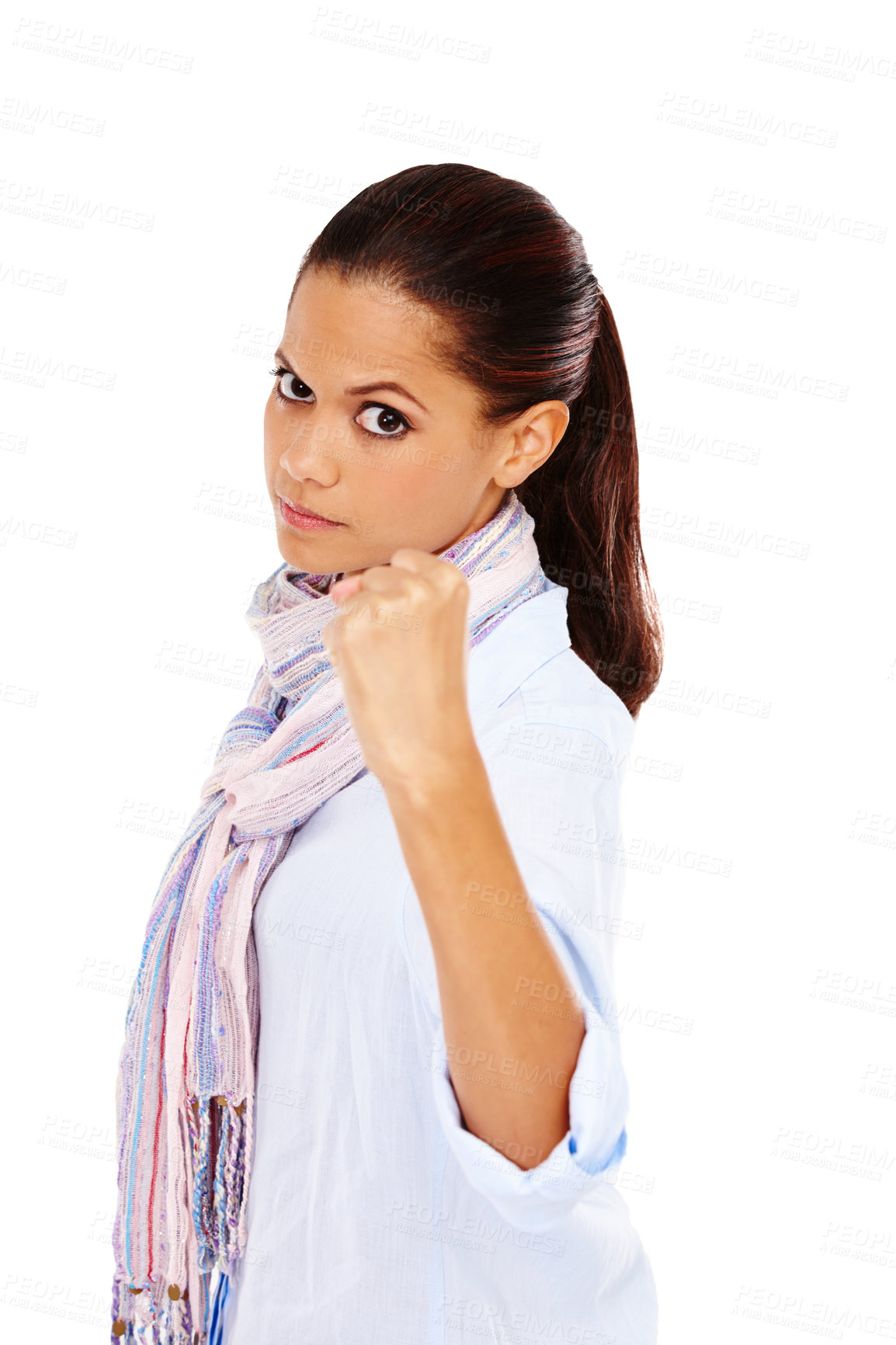 Buy stock photo Portrait, angry and fist with a black woman in studio isolated on a white background ready for a fight or conflict. Hand, cross and protest with an attractive young female posing on blank space