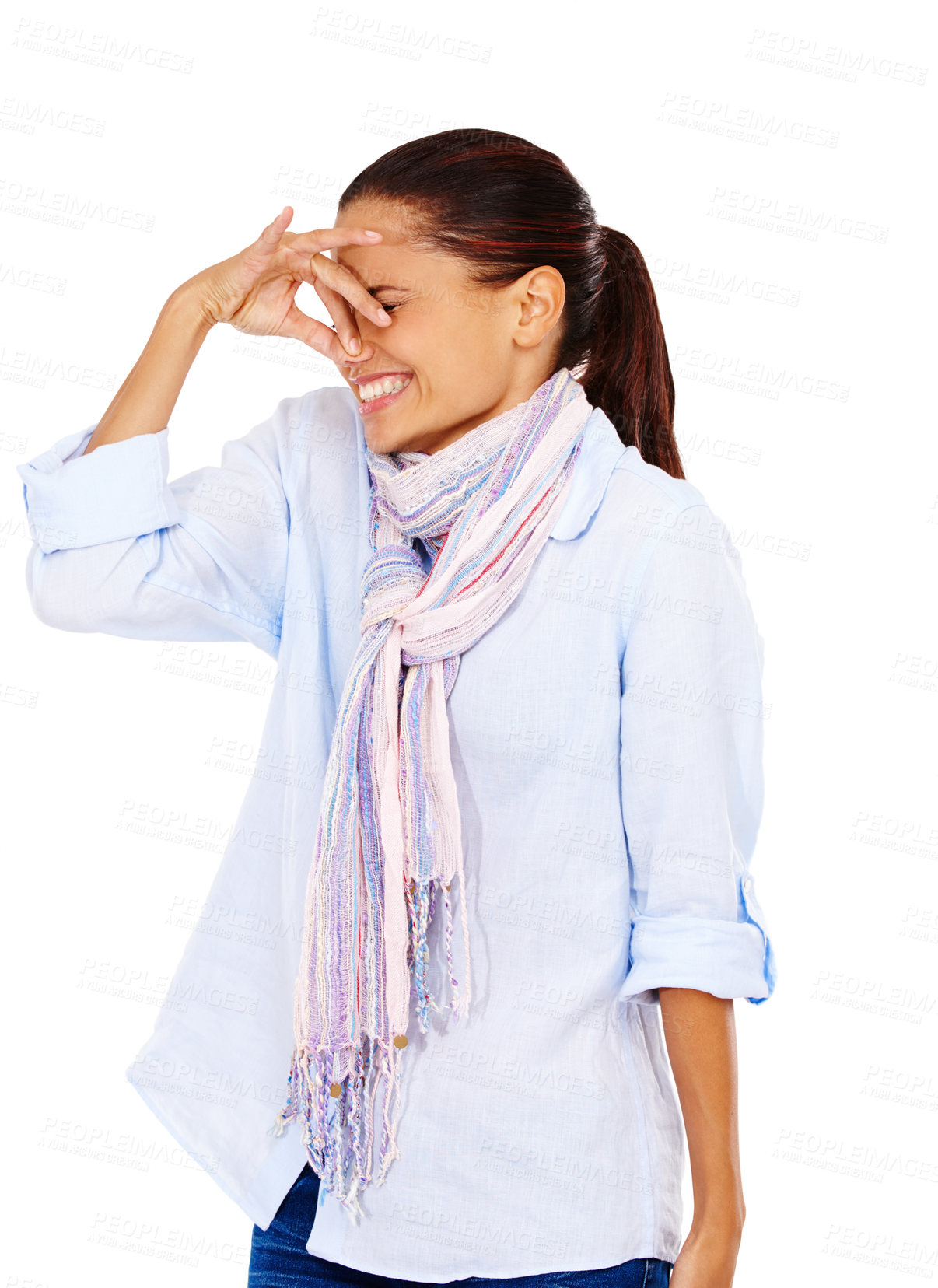 Buy stock photo Young woman, holding nose and disgust for bad smell, odor or breath against a white studio background. Isolated female wearing casual clothing with disgusted expression for stink, scent or aroma