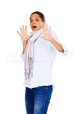 Buy stock photo Surprise, scared and portrait of a woman with a shocked face in a isolated white background. Hand palms, shock and stop hands gesture of a women with big eyes and gasp alone in a studio in defense